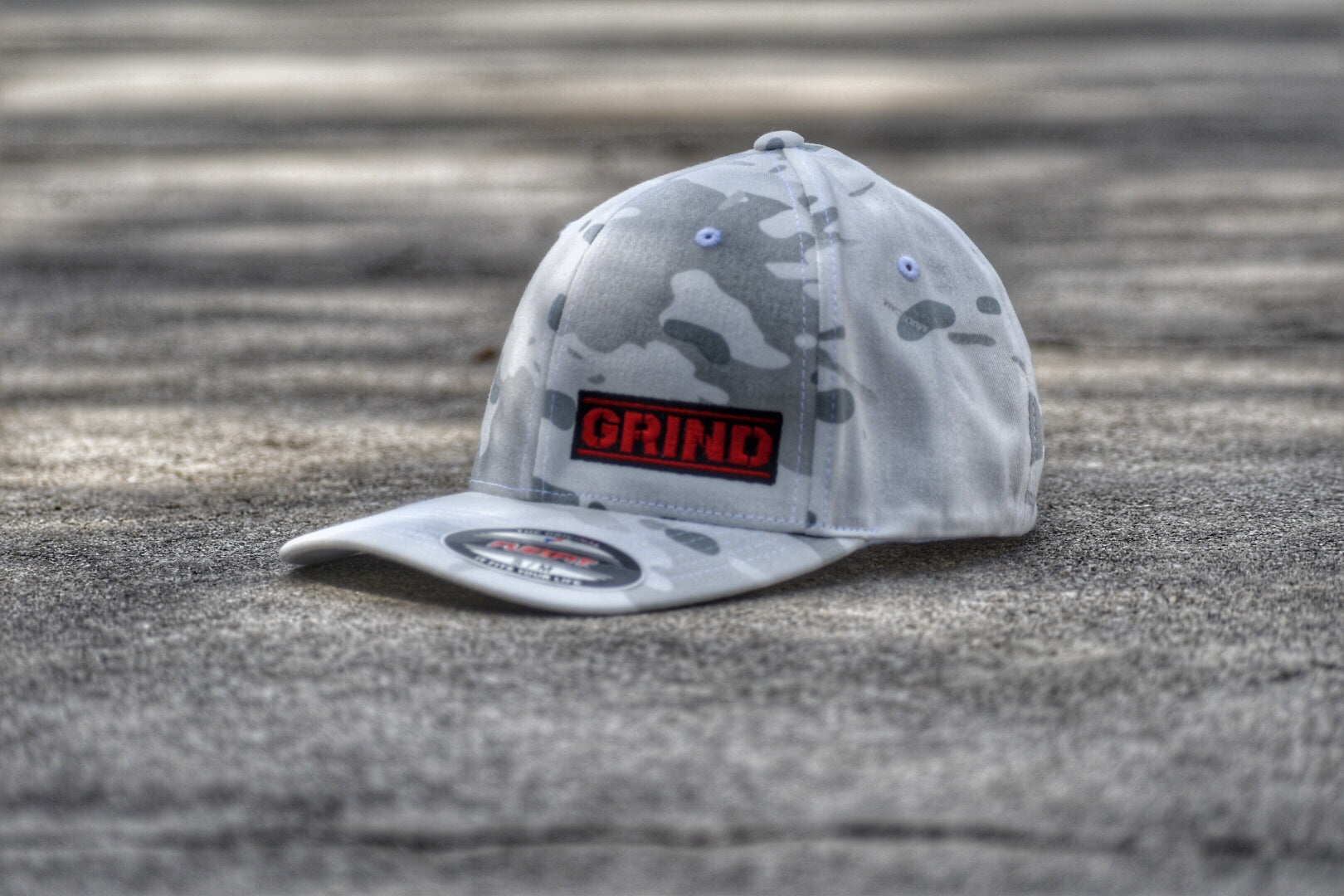 The Grind Athletics Alpine White Camo Flexfit Fitted Hats