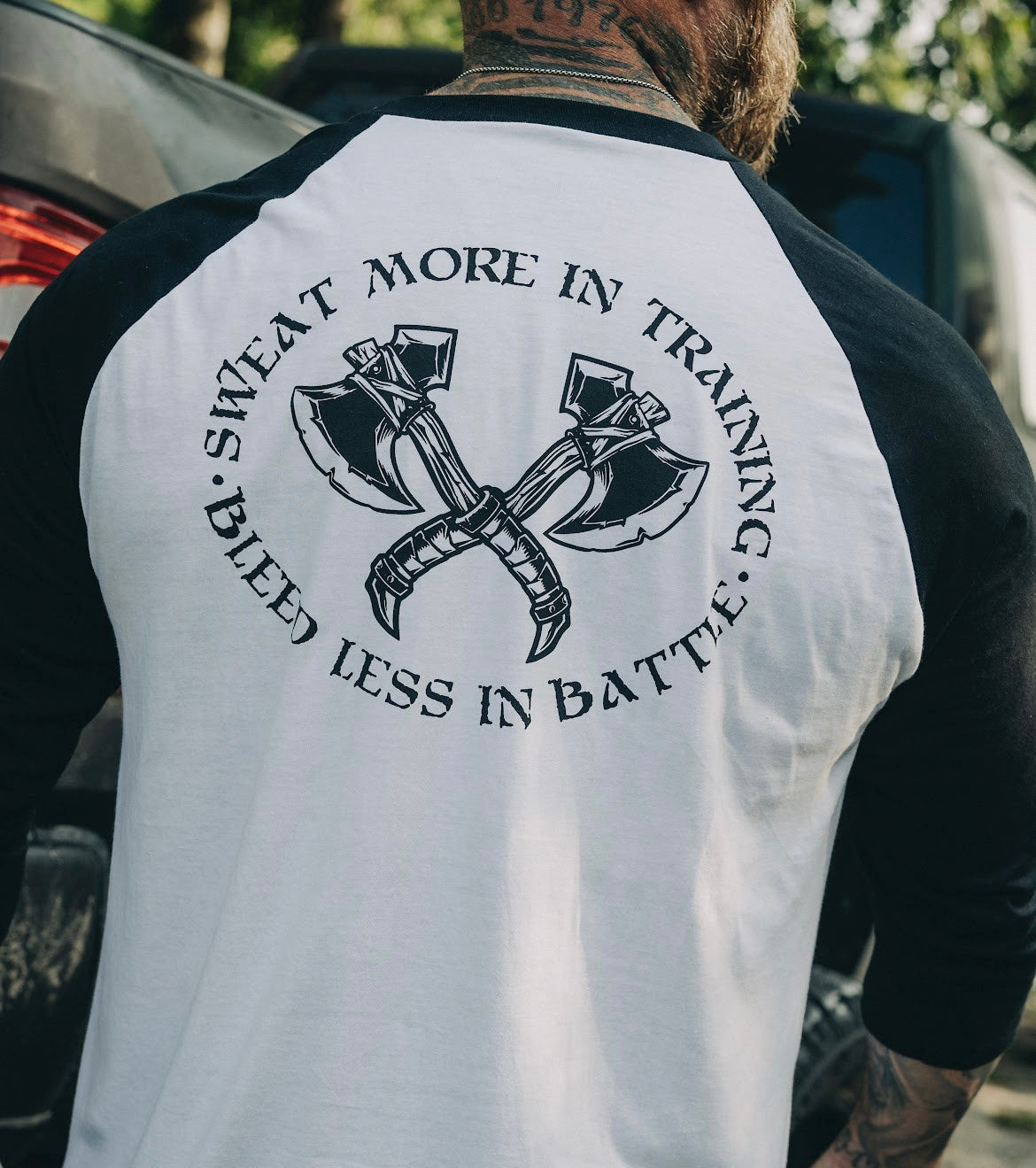 The Grind Athletics M / Black Sleeves / White Chest Sweat More In Training Bleed Less In Battle - Baseball Tee