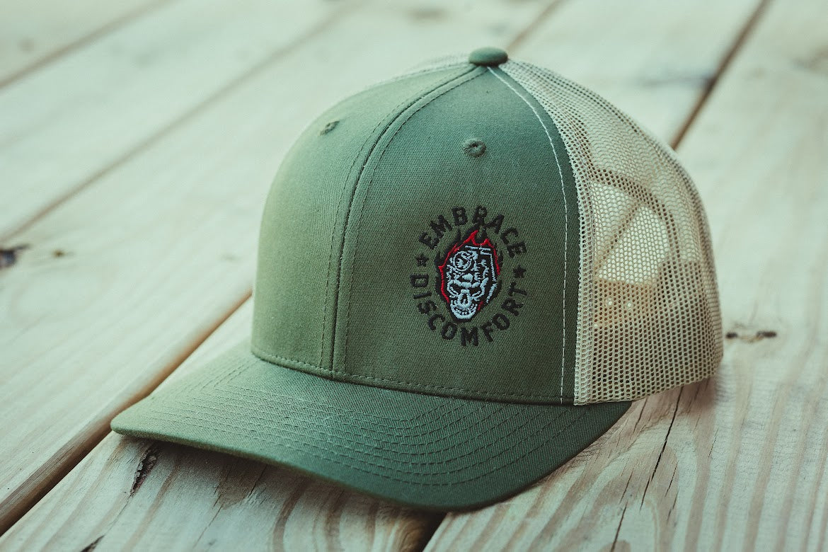 The Grind Athletics ONE SIZE FITS MOST / Green / Khaki Mesh Embrace Discomfort - Snapback Trucker Hat