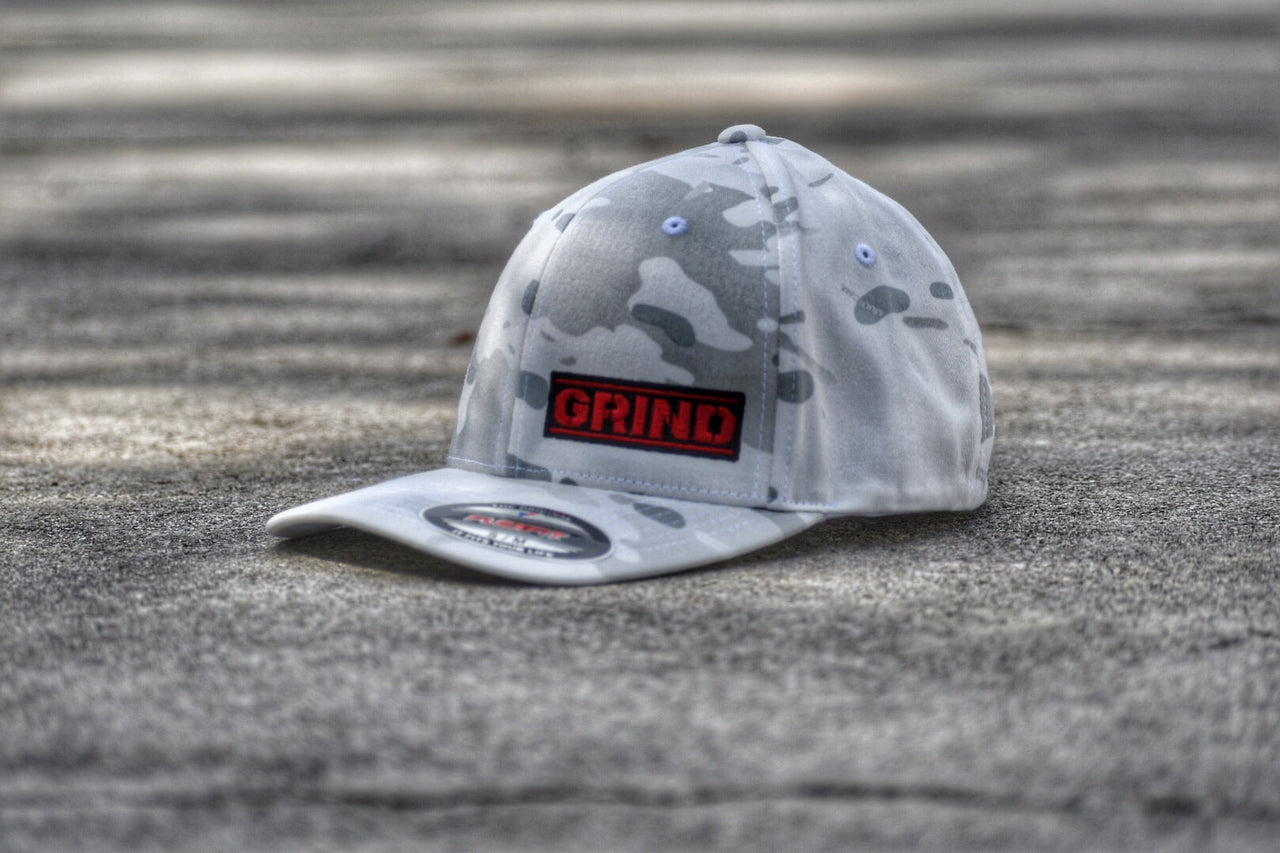 The Grind Athletics Alpine White Camo Flexfit Fitted Hats