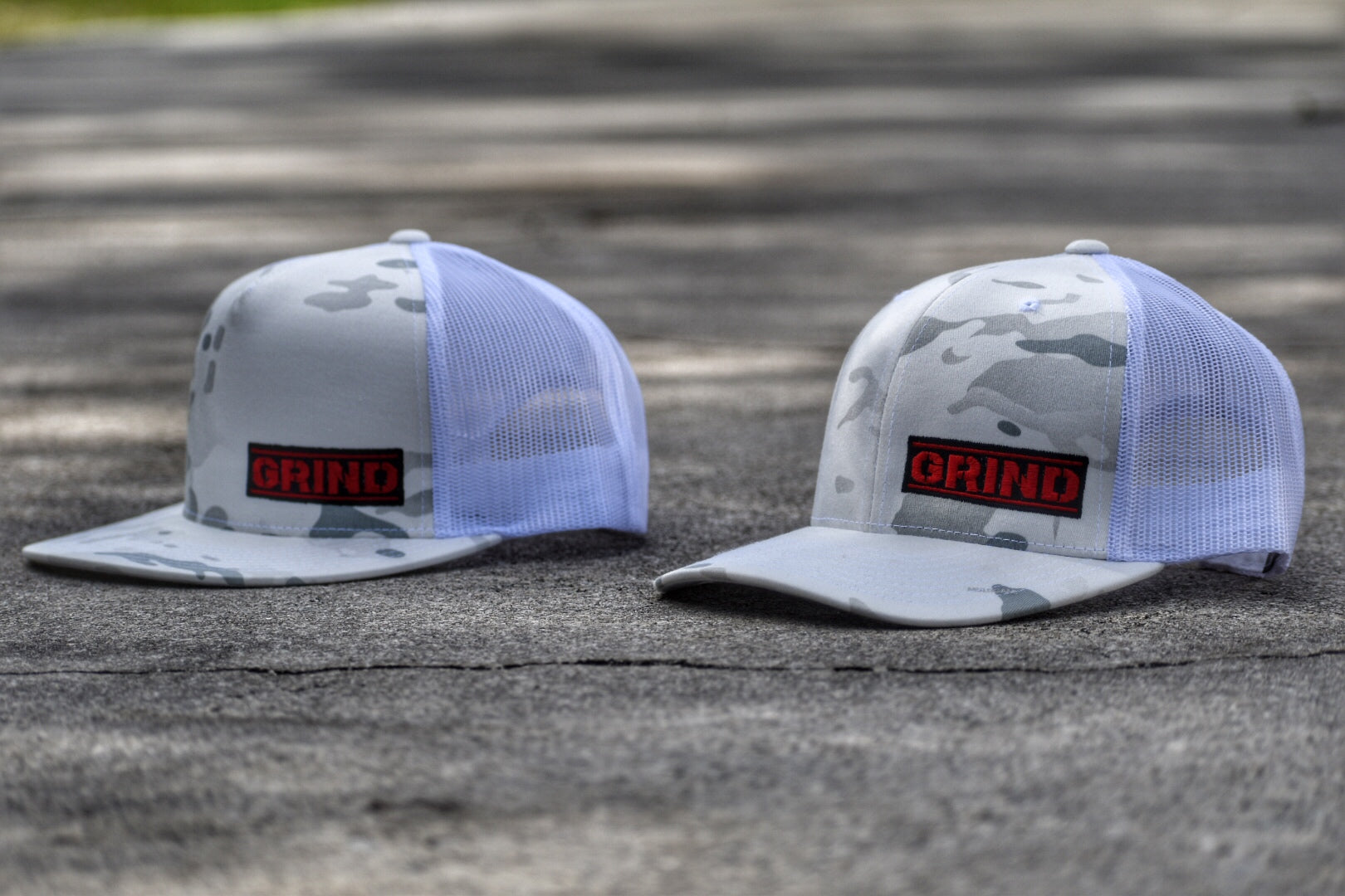 The Grind Athletics Alpine White Camo Retro Trucker Snapbacks