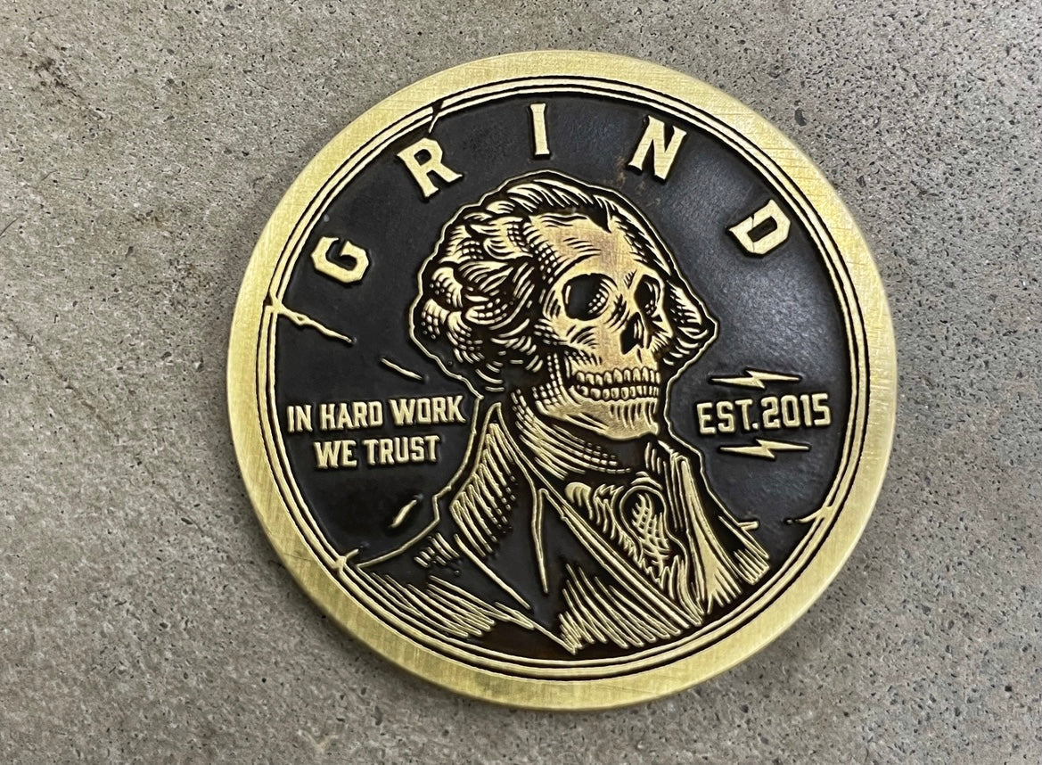 The Grind Athletics Brass / Aged Black Finish Challenge "Skull" Coins
