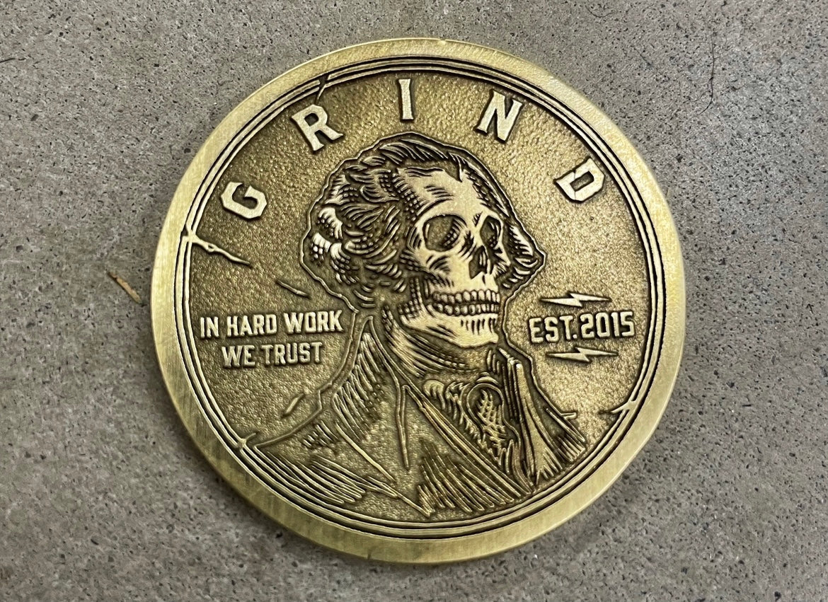 The Grind Athletics Brass / Clear Shine Finish Challenge "Skull" Coins