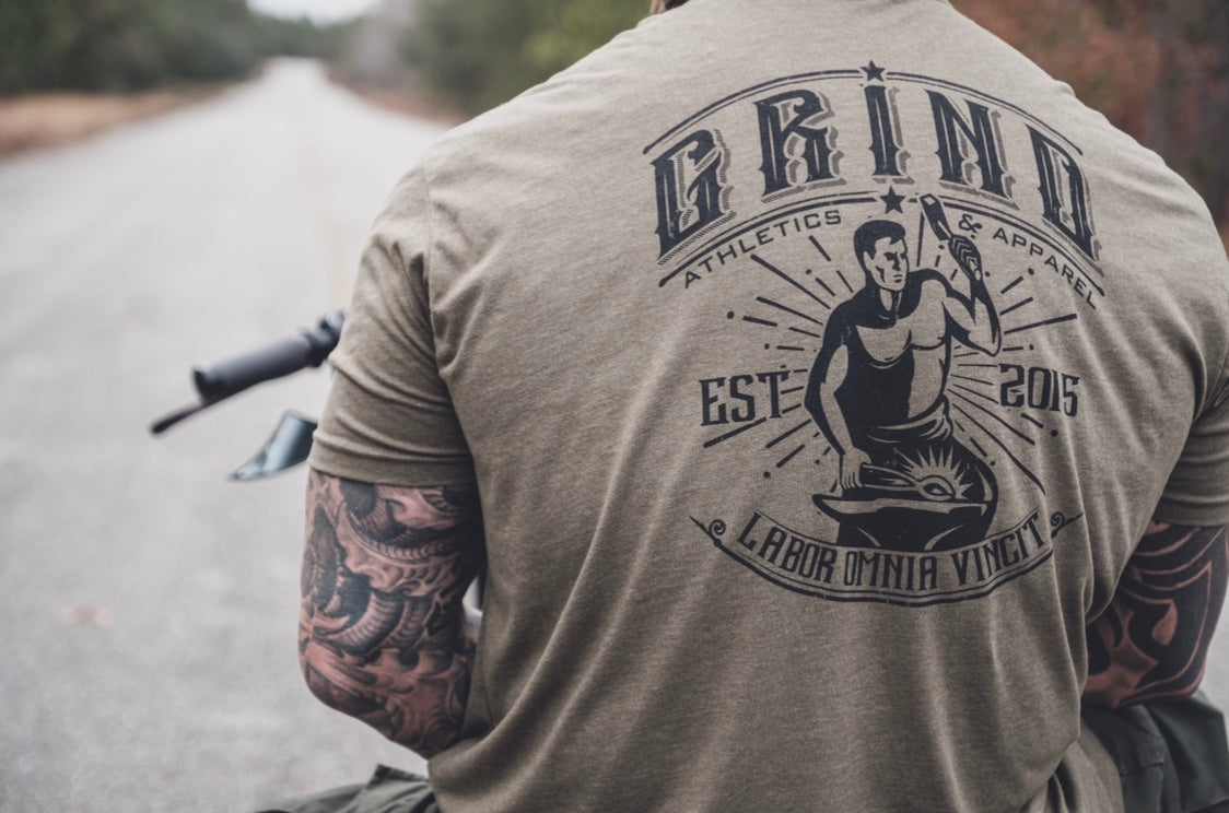 The Grind Athletics S / Military Green Work Conquers All T
